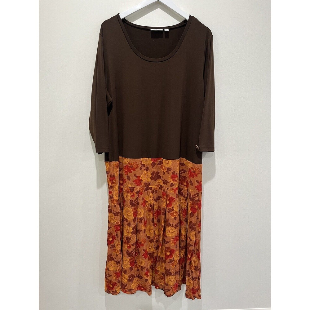 Susan Graver Womens Dress Plus 2X Brown Orange Floral Midi Liquid Knit Old Money